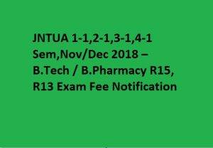 JNTUA 1-1,2-1,3-1,4-1 Sem,Nov/Dec 2018 – B.Tech / B.Pharmacy R15, R13 Exam Fee Notification